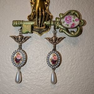 Floral Angel Wing Drop Earrings with Pearls